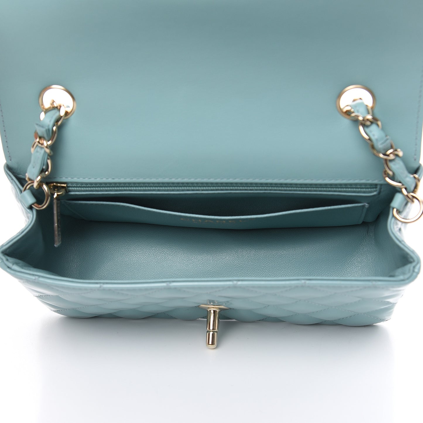 Patent Calfskin Quilted Mini Rectangular Flap Light Blue
