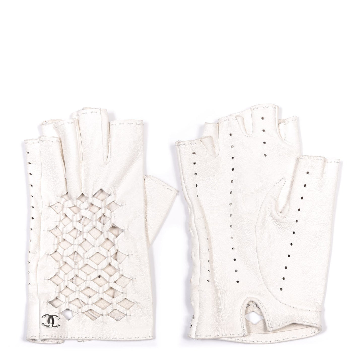 Lambskin Perforated Fingerless Gloves 7.5 White