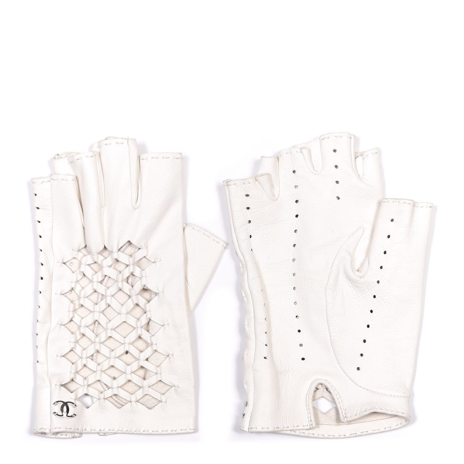 Chanel Lambskin Perforated Fingerless Gloves 7.5 White 1 of 6