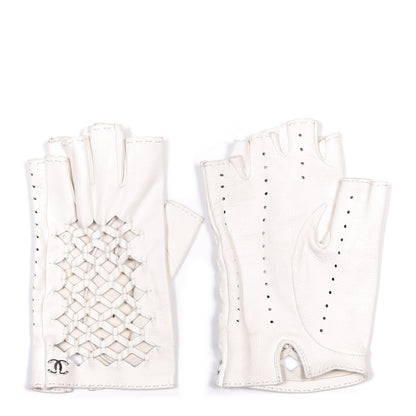 Chanel Lambskin Perforated Fingerless Gloves 7.5 White 1 of 6