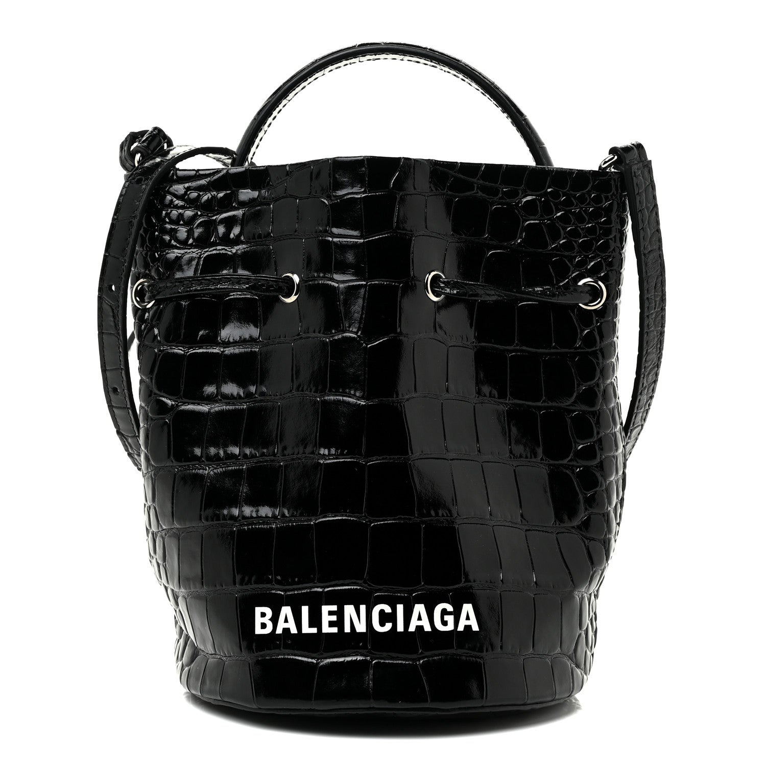 Balenciaga Shiny Calfskin Logo Crocodile Embossed XS Everyday Bucket Bag Black 1 of 15