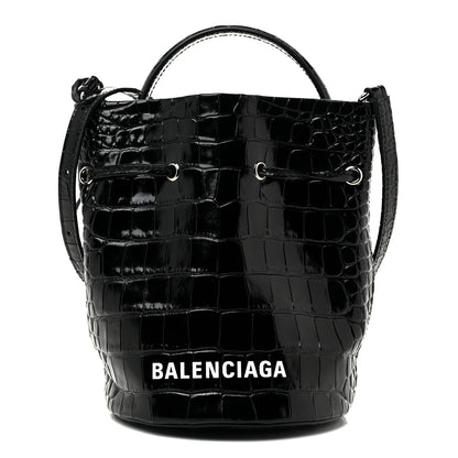 Balenciaga Shiny Calfskin Logo Crocodile Embossed XS Everyday Bucket Bag Black 1 of 15