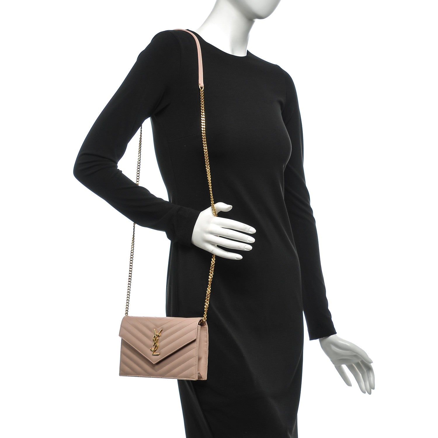 Saint Laurent Grain De Poudre Matelasse Chevron Monogram Envelope Chain Wallet Pale Pink 2 of 7