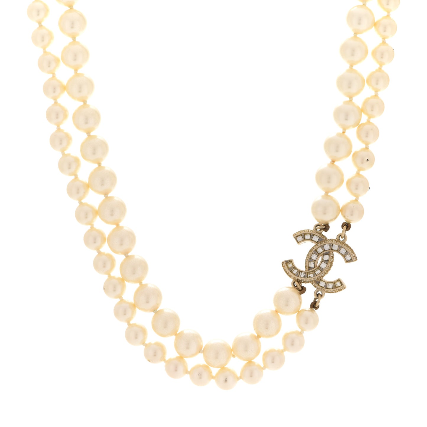 Baguette Crystal Pearl CC Double Strand Necklace Gold