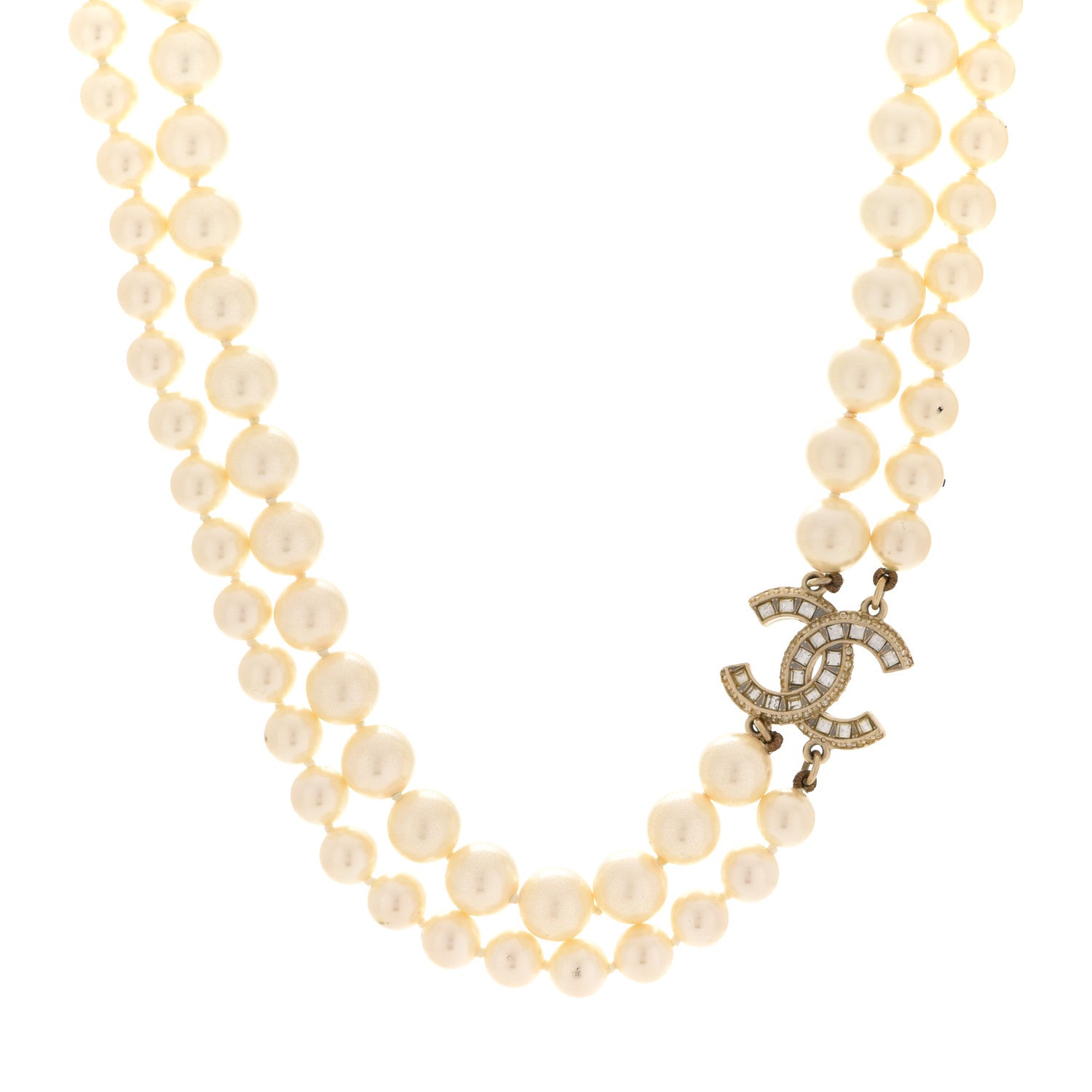 Chanel Baguette Crystal Pearl CC Double Strand Necklace Gold 1 of 6