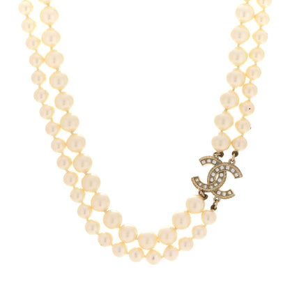 Chanel Baguette Crystal Pearl CC Double Strand Necklace Gold 1 of 6