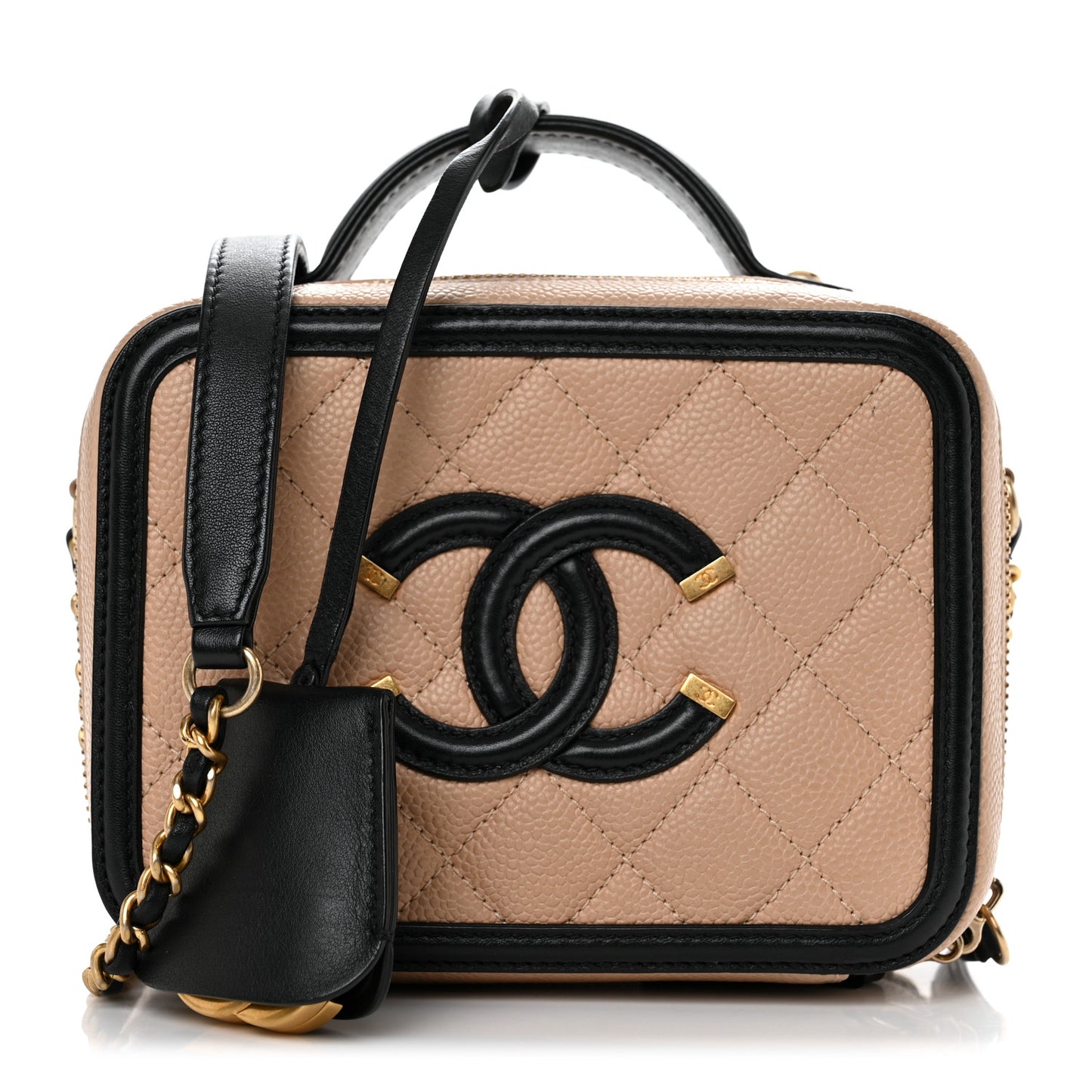 Caviar Quilted Small CC Filigree Vanity Case Beige Black