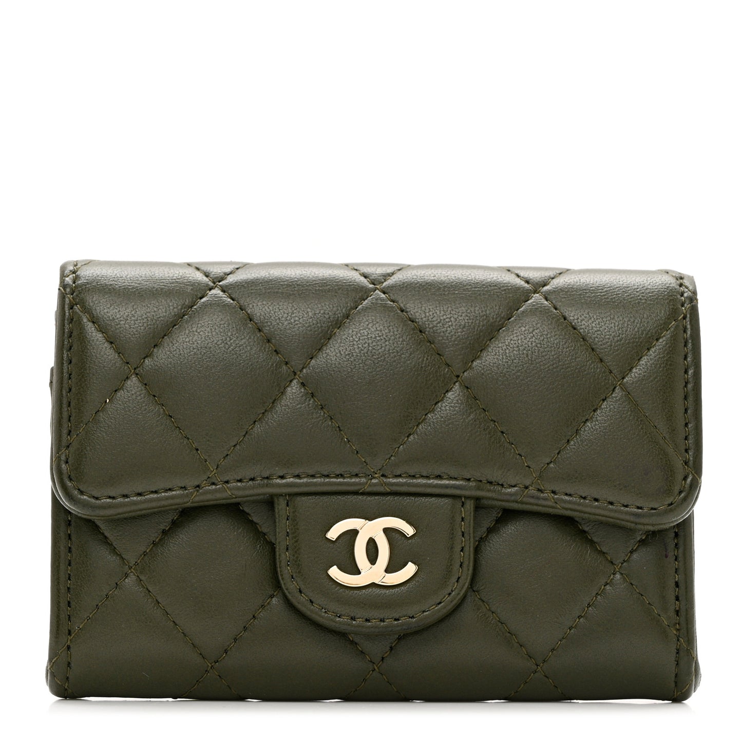 Lambskin Quilted Flap Card Holder Wallet Khaki
