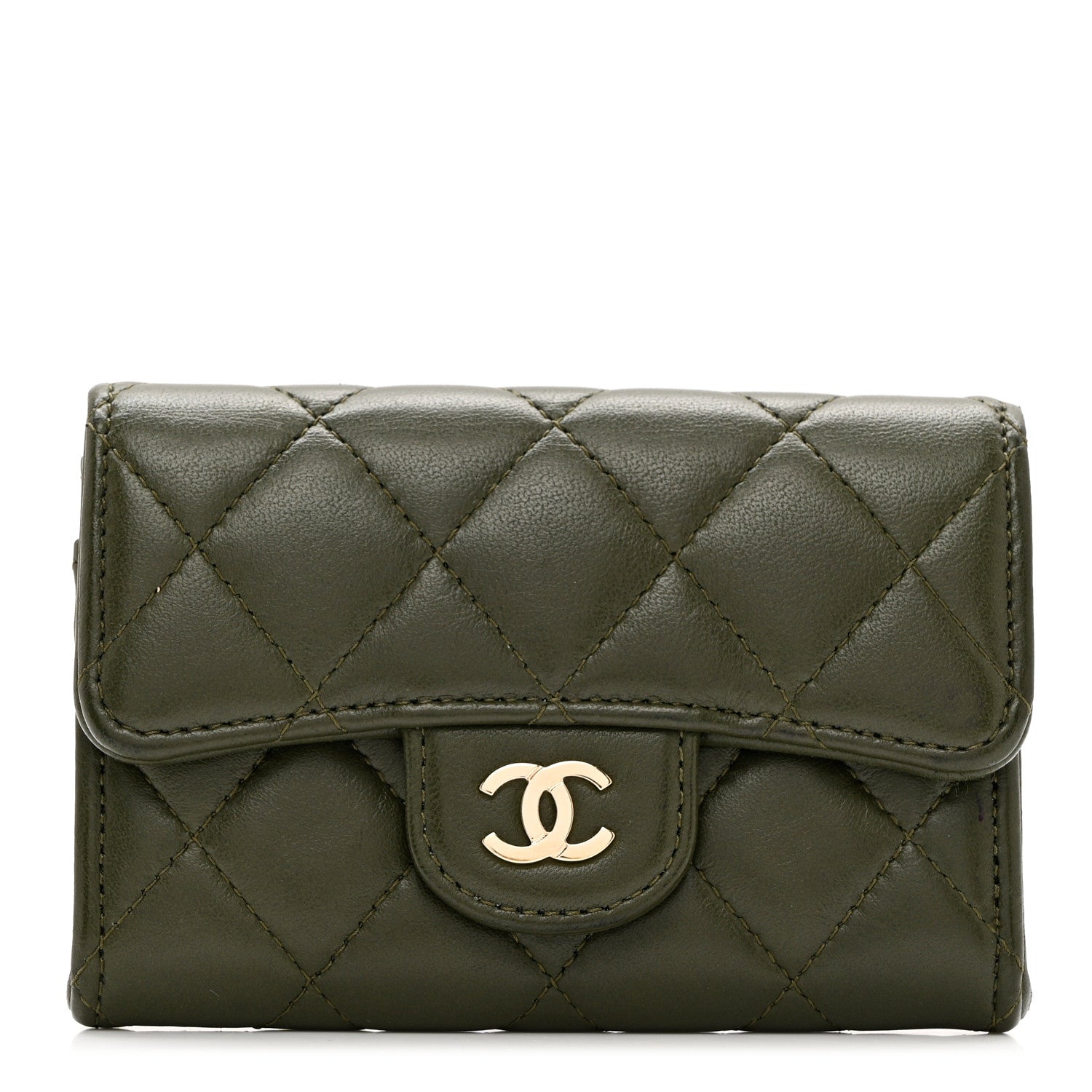 Chanel Lambskin Quilted Flap Card Holder Wallet Khaki 1 of 8