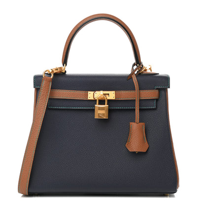 Hermes Togo Horseshoe Kelly Retourne 25 Blue Nuit Gold 1 of 11
