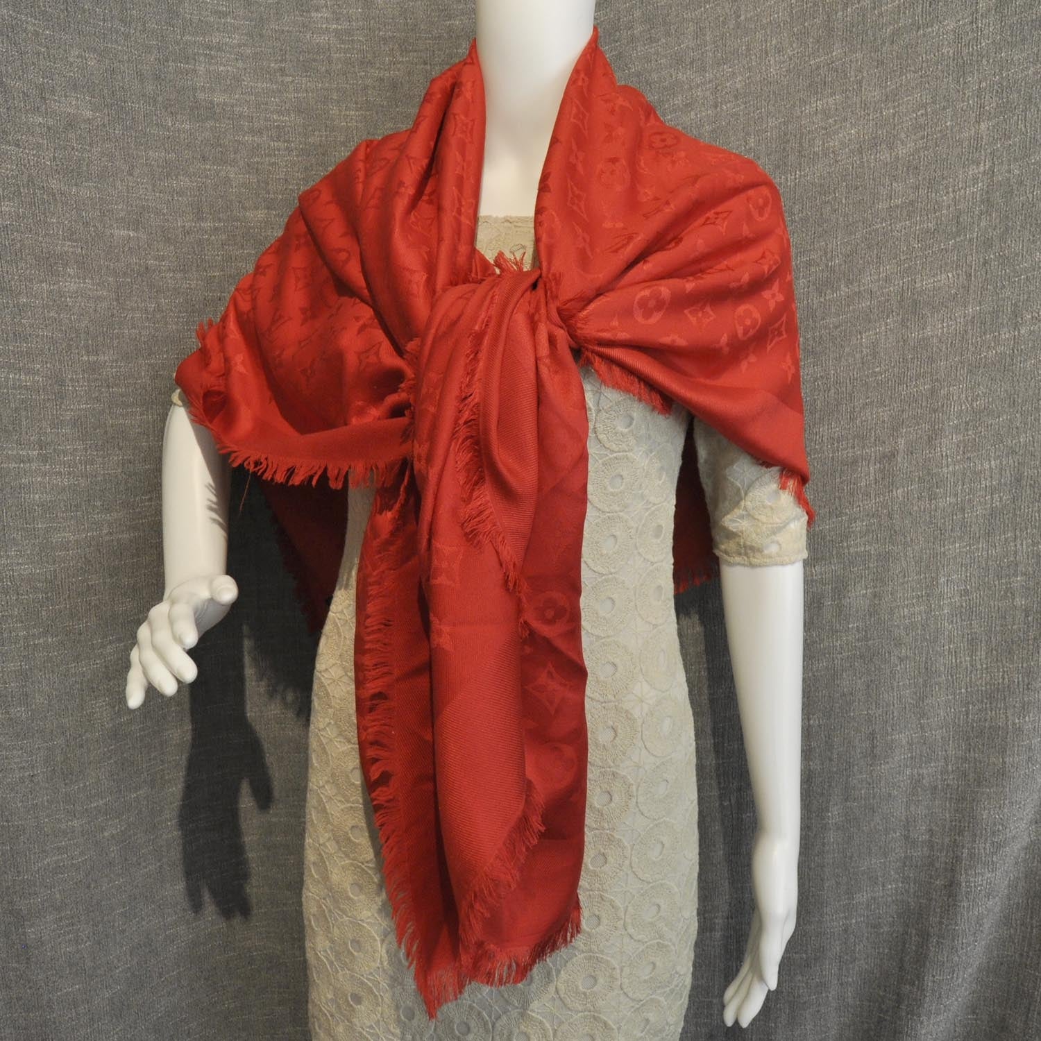 Louis Vuitton Wool Silk Monogram Shawl Red 2 of 6