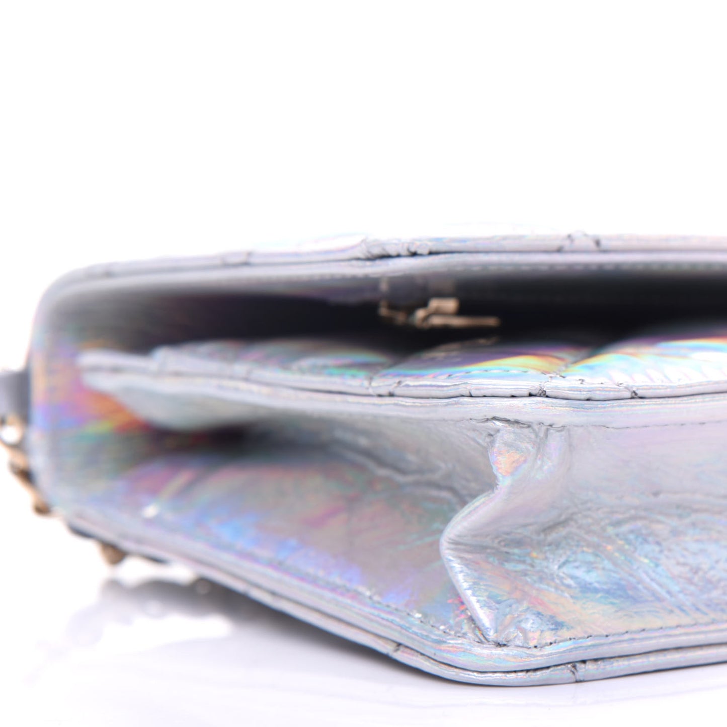 Iridescent Goatskin Quilted Wallet On Chain WOC Silver