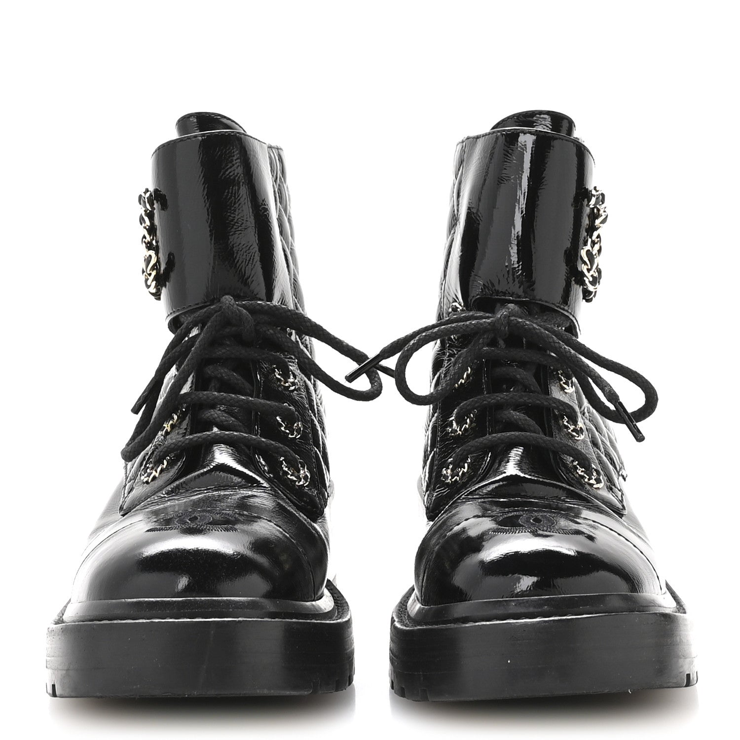 Chanel Shiny Calfskin Quilted Lace Up Combat Boots 38 Black 3 of 8