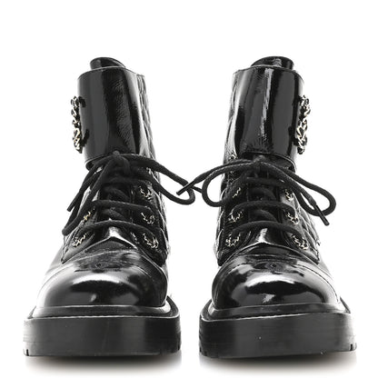 Chanel Shiny Calfskin Quilted Lace Up Combat Boots 38 Black 3 of 8