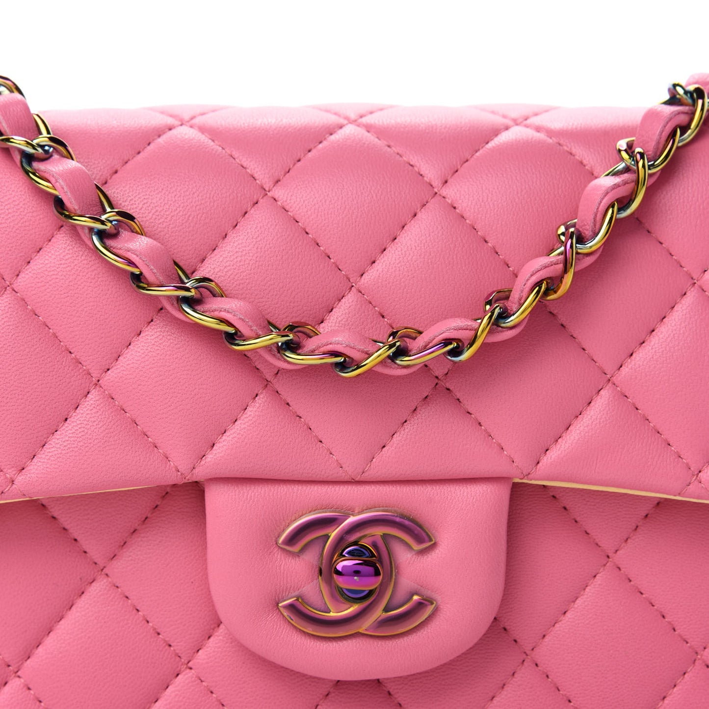 Lambskin Quilted Mini Rectangular Flap Pink Yellow