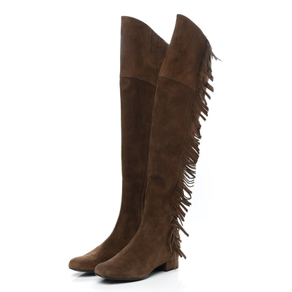 Saint Laurent Suede Goatskin BB 20 Over The Knee Fringed Boots 38.5 Coffee Brown 3 of 7