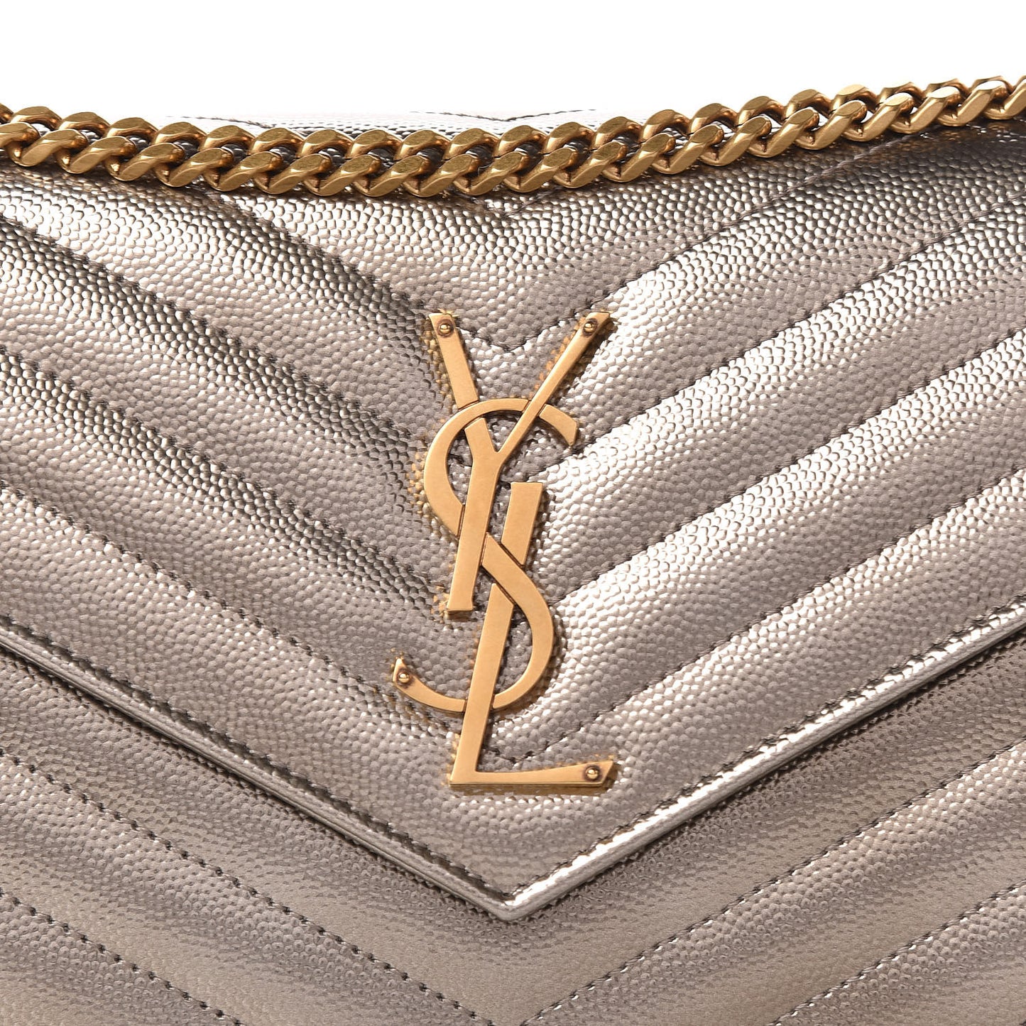 Iridescent Grain De Poudre Matelasse Chevron Monogram Chain Wallet Gold