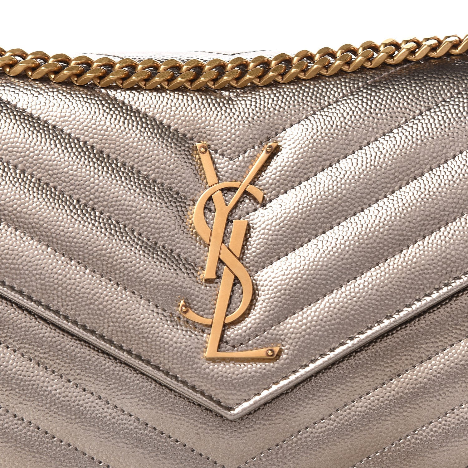 Saint Laurent Iridescent Grain De Poudre Matelasse Chevron Monogram Chain Wallet Gold 8 of 12