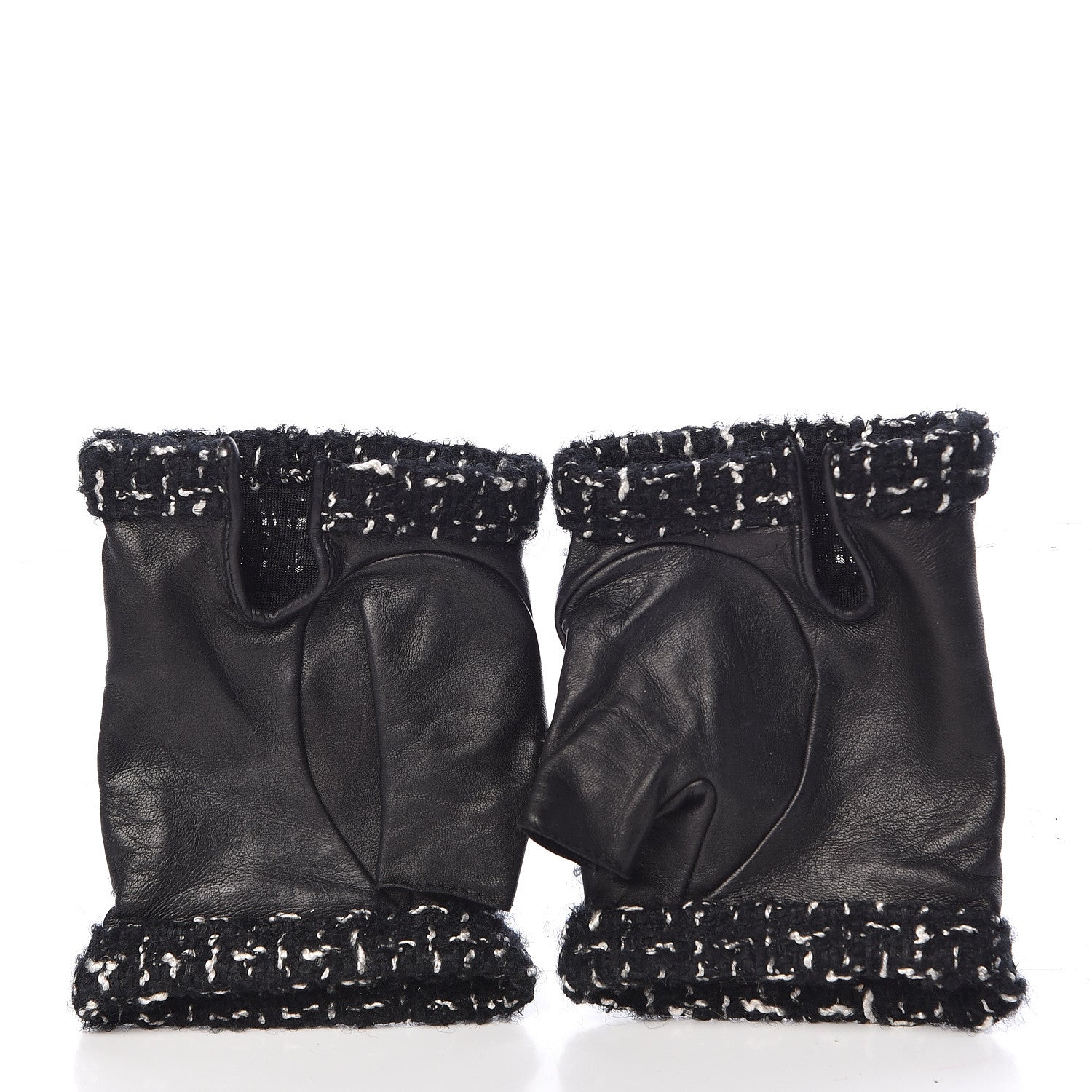 Chanel Lambskin Fantasy Tweed Patent CC Fingerless Gloves 7 Black White 3 of 4