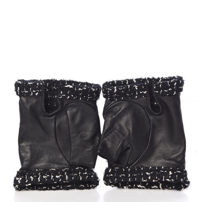 Chanel Lambskin Fantasy Tweed Patent CC Fingerless Gloves 7 Black White 3 of 4