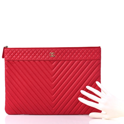 Chanel Caviar Chevron Quilted Large Cosmetic Case Red 2 of 11