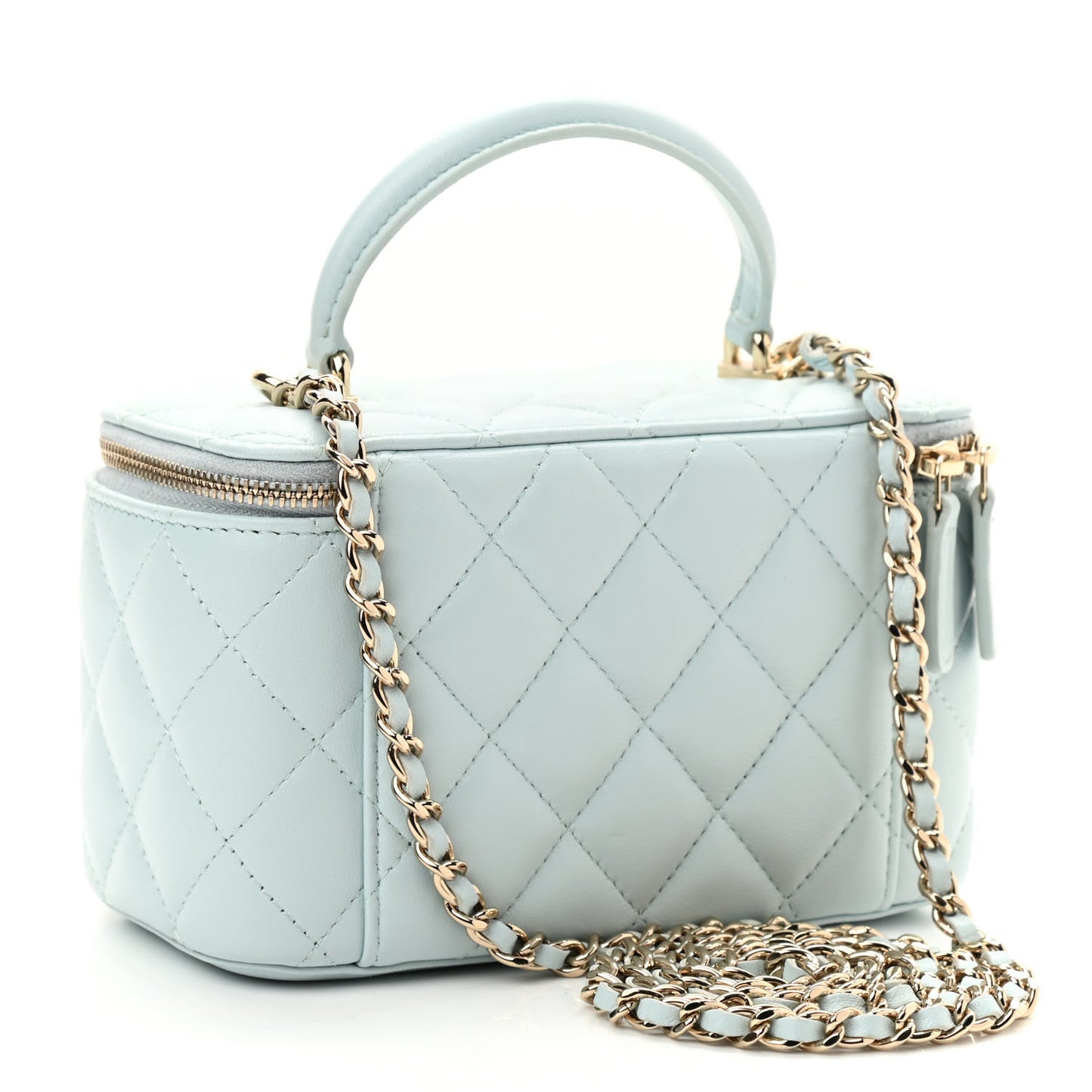 Lambskin Quilted Small Top Handle Vanity Case With Chain Light Blue