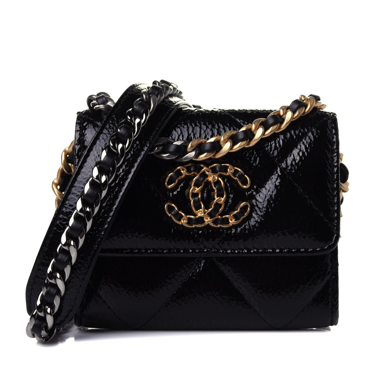 Shiny Crumpled Calfskin Quilted Chanel 19 Flap Coin Purse With Chain Black