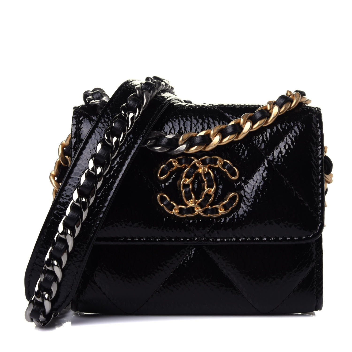 Chanel Shiny Crumpled Calfskin Quilted Chanel 19 Flap Coin Purse With Chain Black 1 of 4