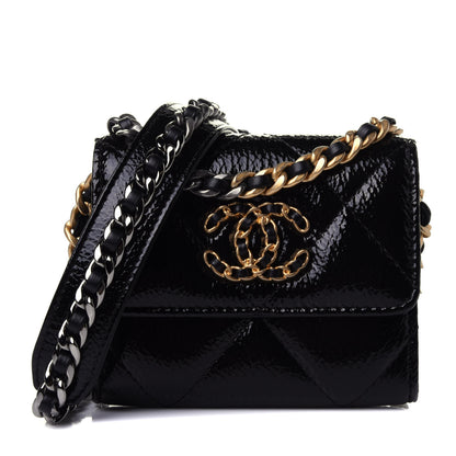 Chanel Shiny Crumpled Calfskin Quilted Chanel 19 Flap Coin Purse With Chain Black 1 of 4