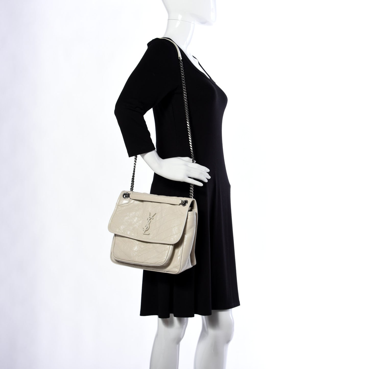 Crinkled Calfskin Matelasse Monogram Medium Niki Chain Satchel Dirty White