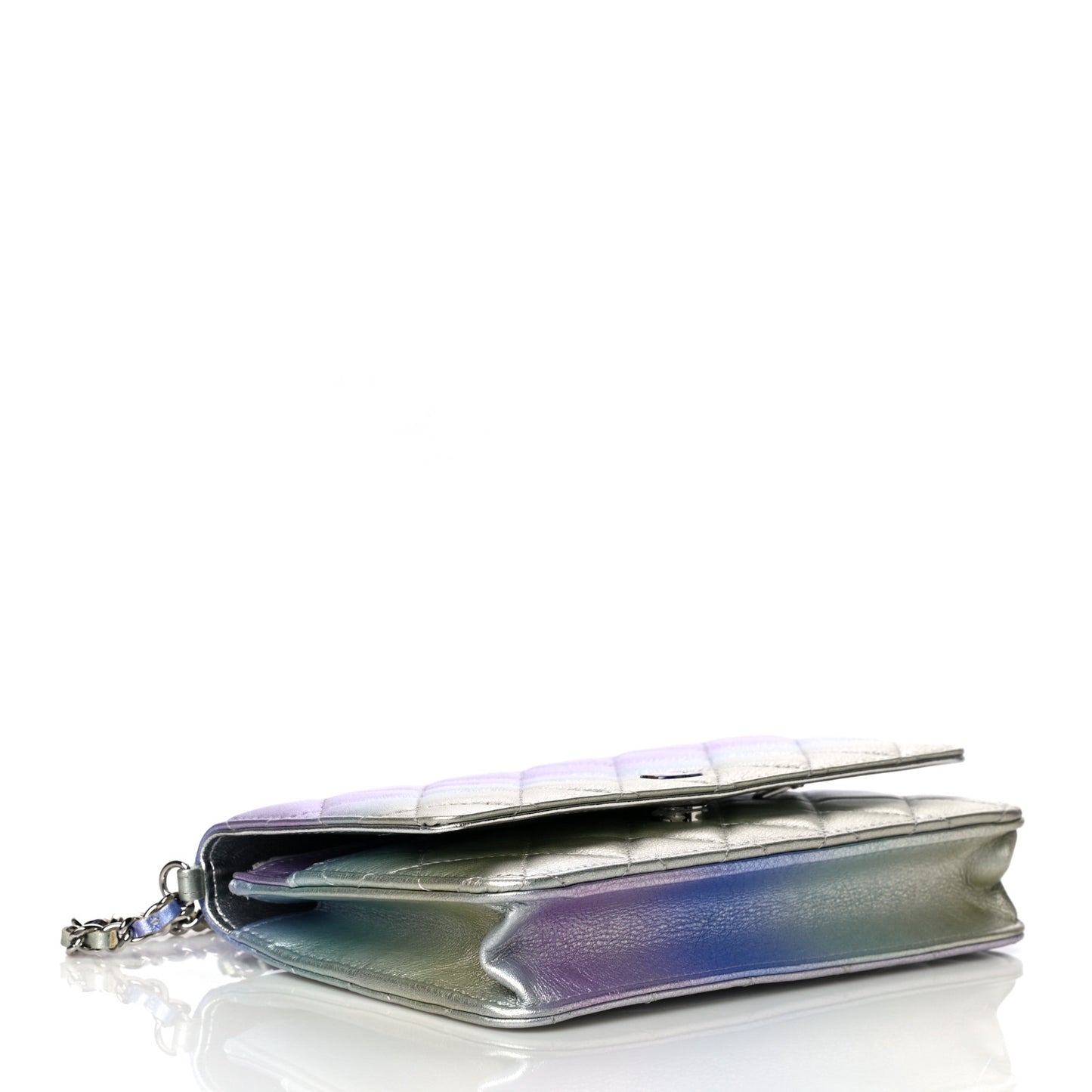 Gradient Metallic Calfskin Quilted Wallet On Chain WOC Silver Blue Yellow Purple