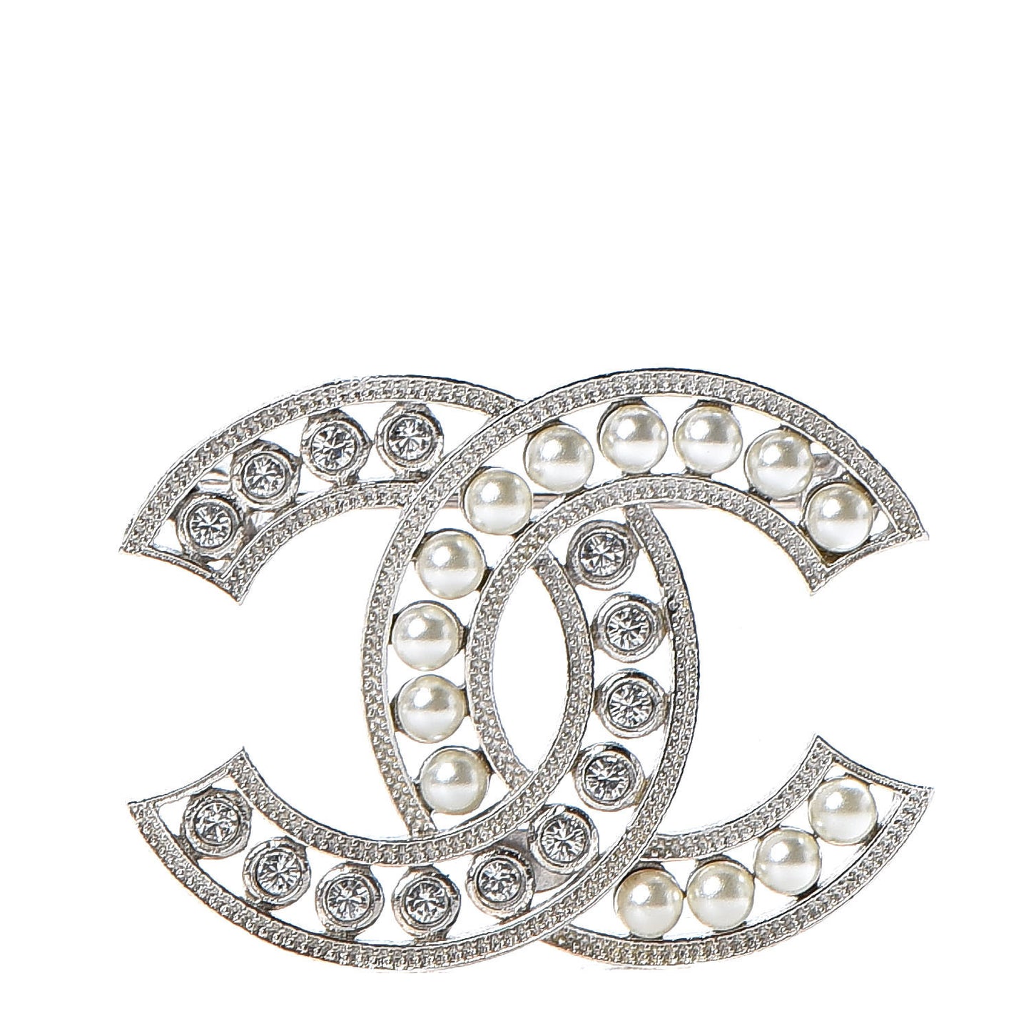 Pearl Crystal CC Brooch Silver