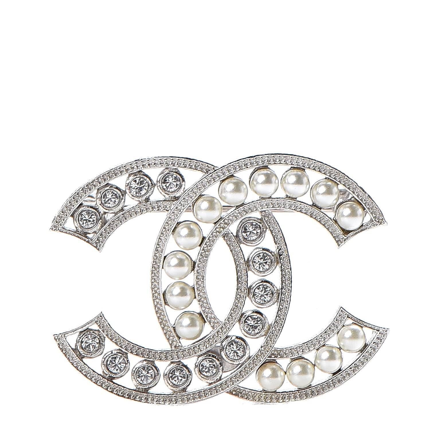 Chanel Pearl Crystal CC Brooch Silver 1 of 5