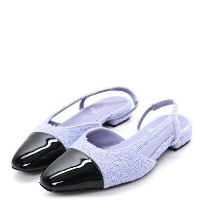 Chanel Iridescent Wool Tweed Patent Cap Toe CC Slingback Flats 36.5 Light Purple Silver Black 4 of 10