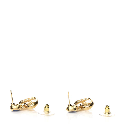 Chanel Metal Crystal CC Heart Drop Earrings Gold Blue 3 of 4