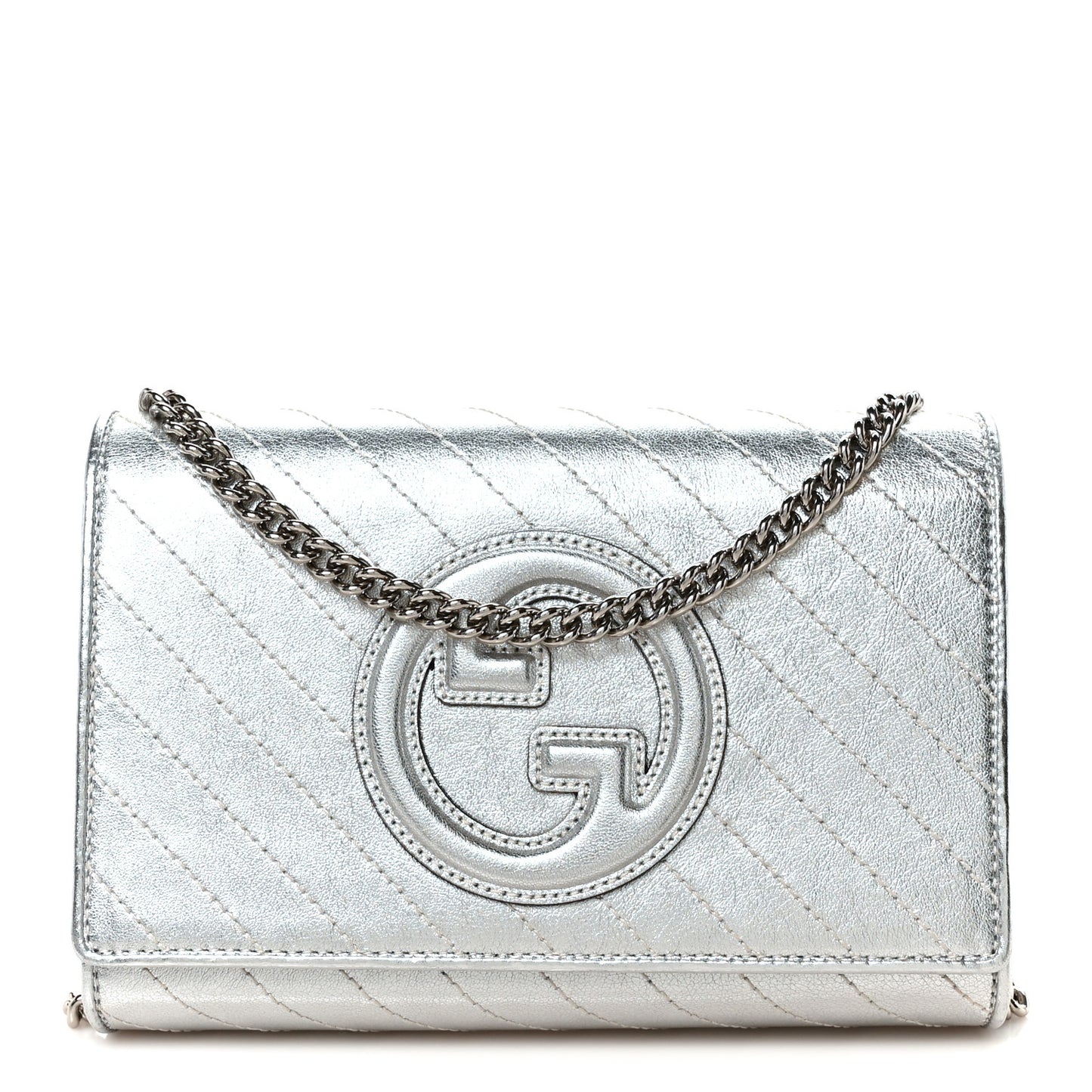 Metallic Sakai Be Green Calfskin Diagonal Stitched Blondie Wallet on Chain Silver