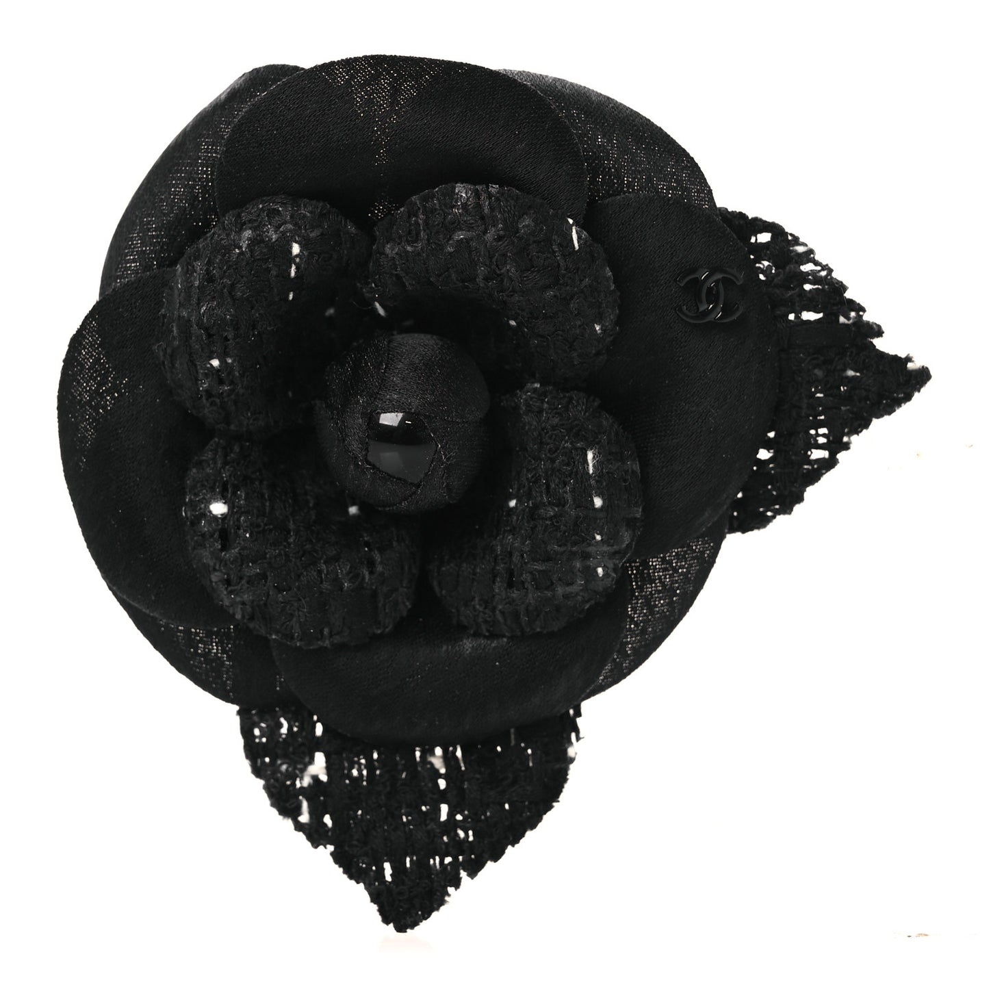 Tweed Camellia Pin Brooch Black
