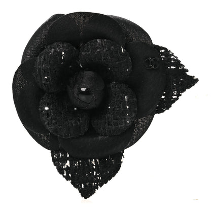 Chanel Tweed Camellia Pin Brooch Black 1 of 3