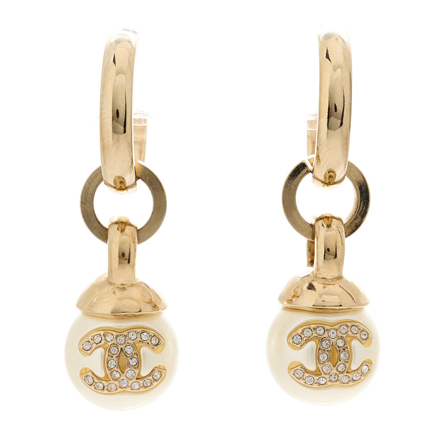 Chanel Crystal CC Pearl Drop Earrings Gold 1 of 5