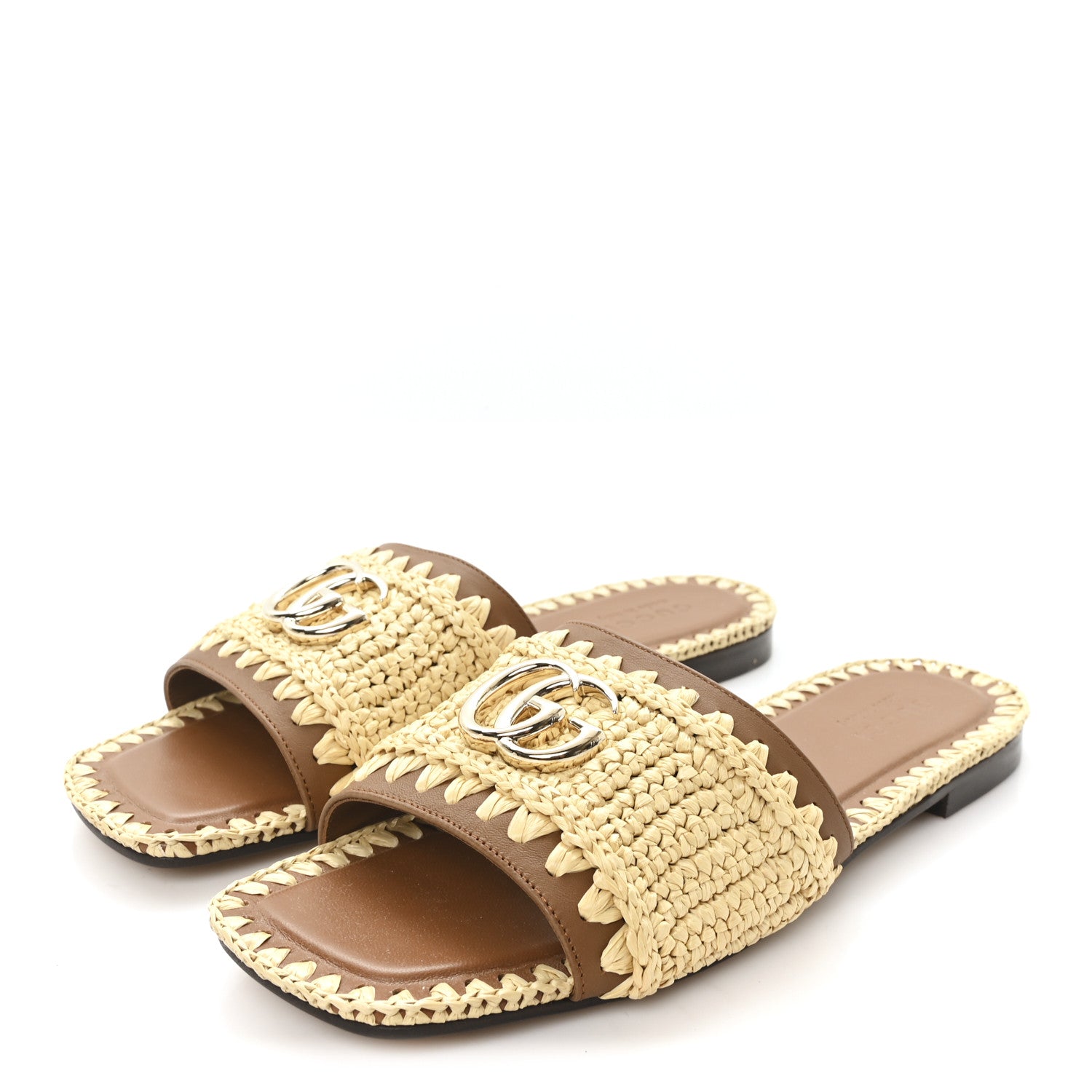 Gucci Raffia Interlocking G Flat Slide Sandals 37.5 Bright Natural Sundial 4 of 9