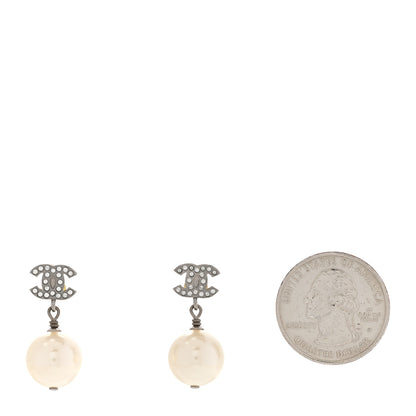 Chanel Crystal Pearl CC Drop Earrings Silver Pearly White 2 of 4