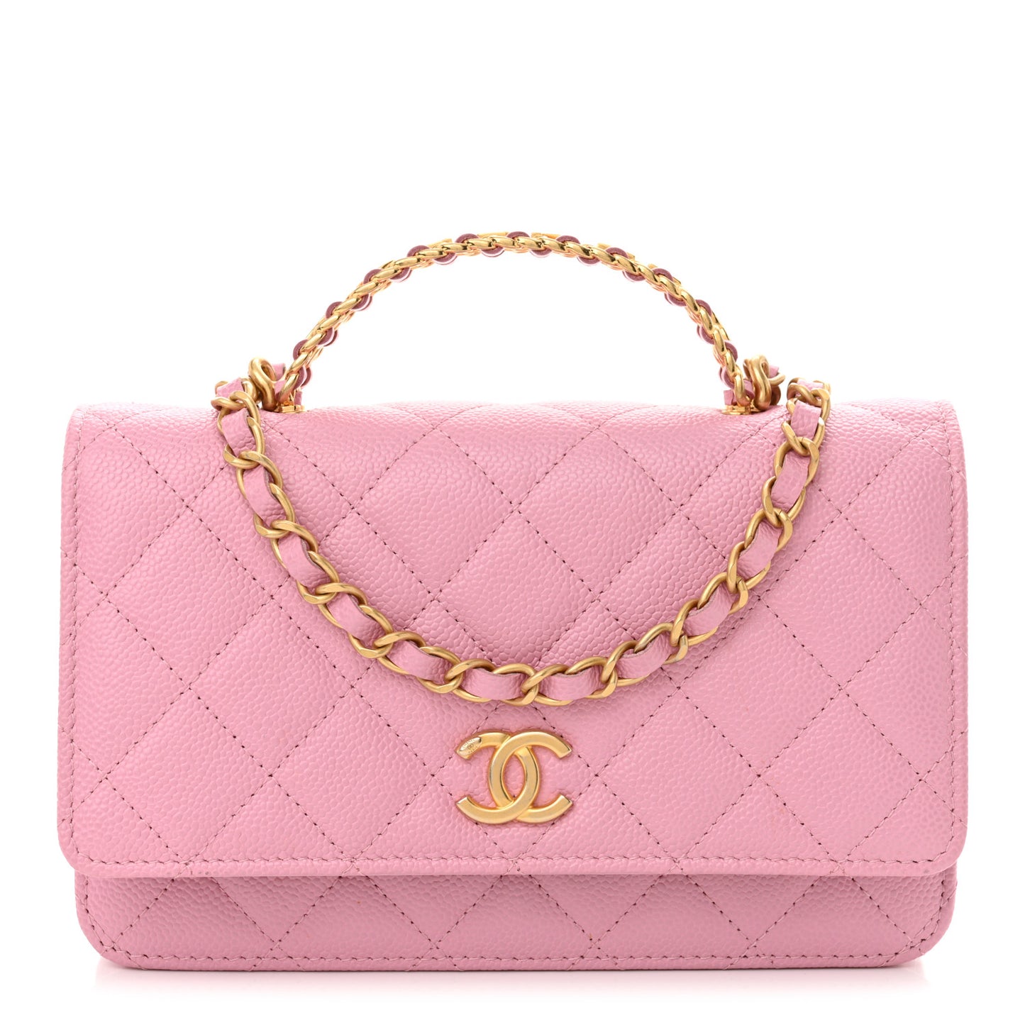 Shiny Caviar Quilted Pick Me Up Wallet On Chain WOC Pink