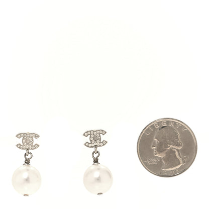 Chanel Crystal Pearl CC Drop Earrings Silver Pearly White 2 of 5