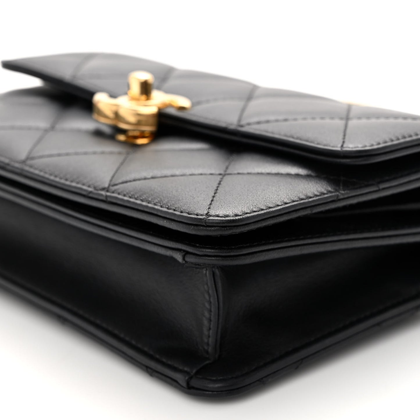 Lambskin Quilted Chain Logo Top Handle Flap Black