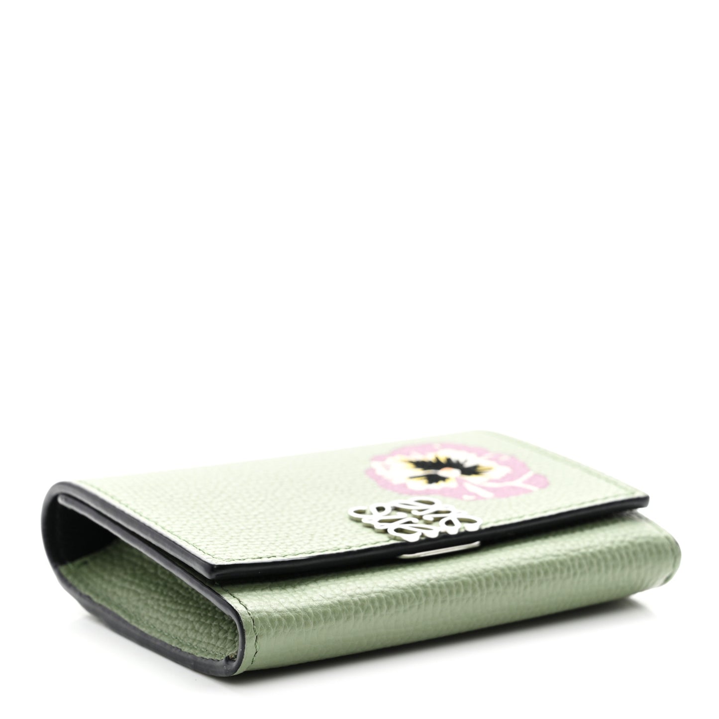 Pebble Grain Calfskin Pansies Print Coin Cardholder Rosemary