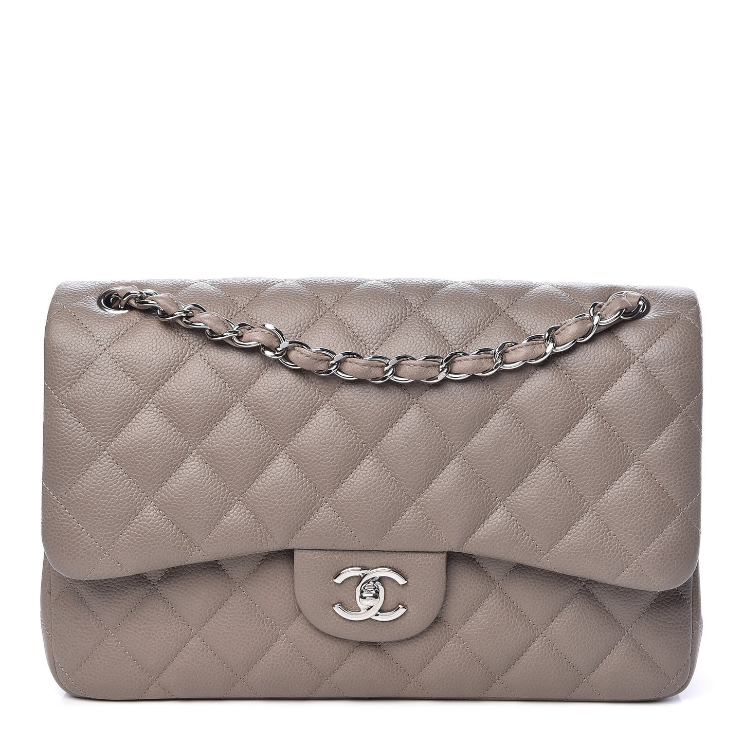 Caviar Quilted Jumbo Double Flap Light Grey