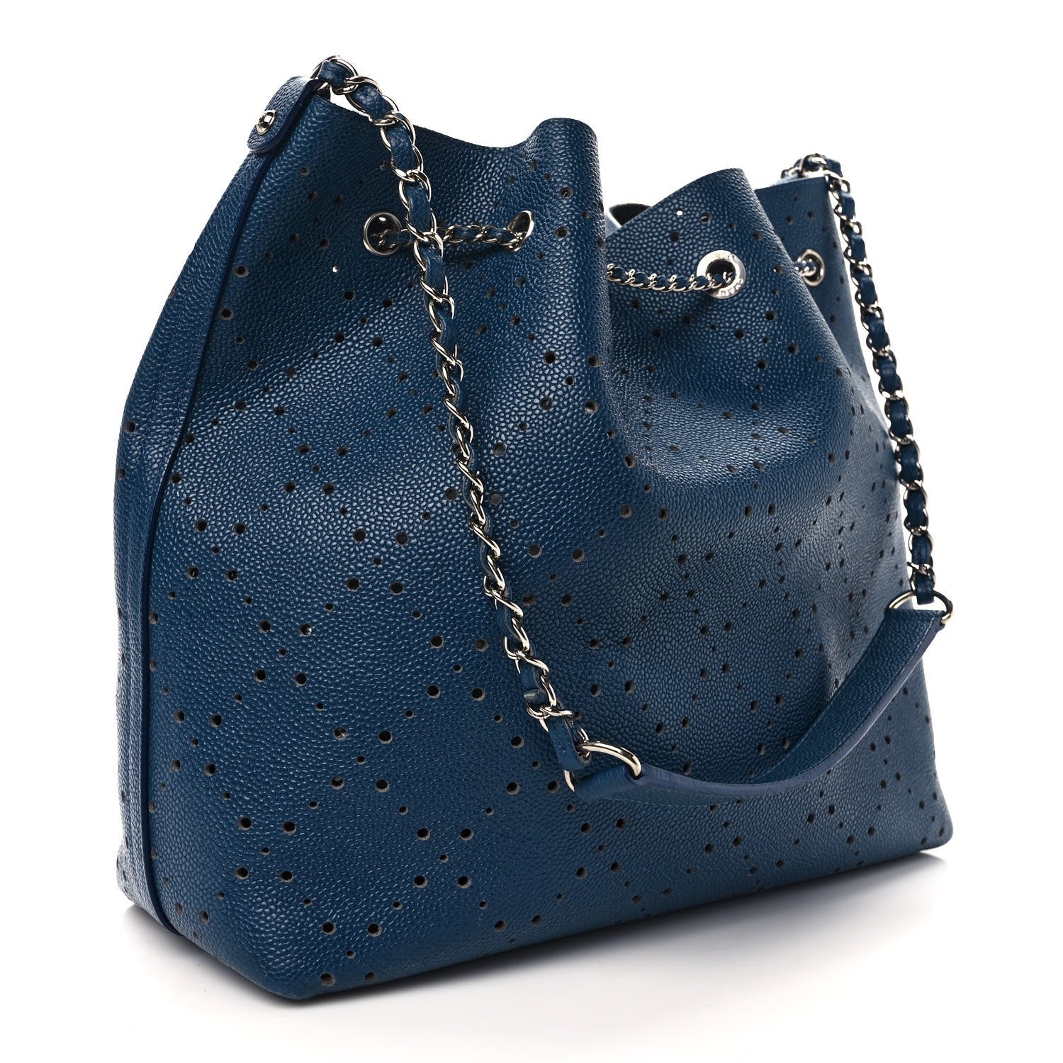 Chanel Caviar Perforated Large Drawstring CC Bag Blue 4 of 11
