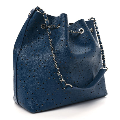Chanel Caviar Perforated Large Drawstring CC Bag Blue 4 of 11