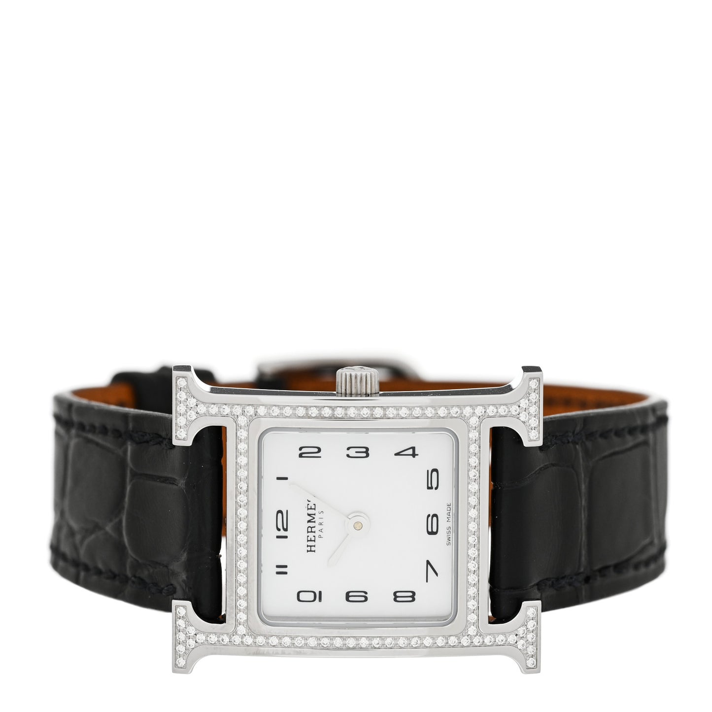 Stainless Steel Alligator Diamond Bezel Mother of Pearl 21mm Heure H Hour Quartz Watch Noir