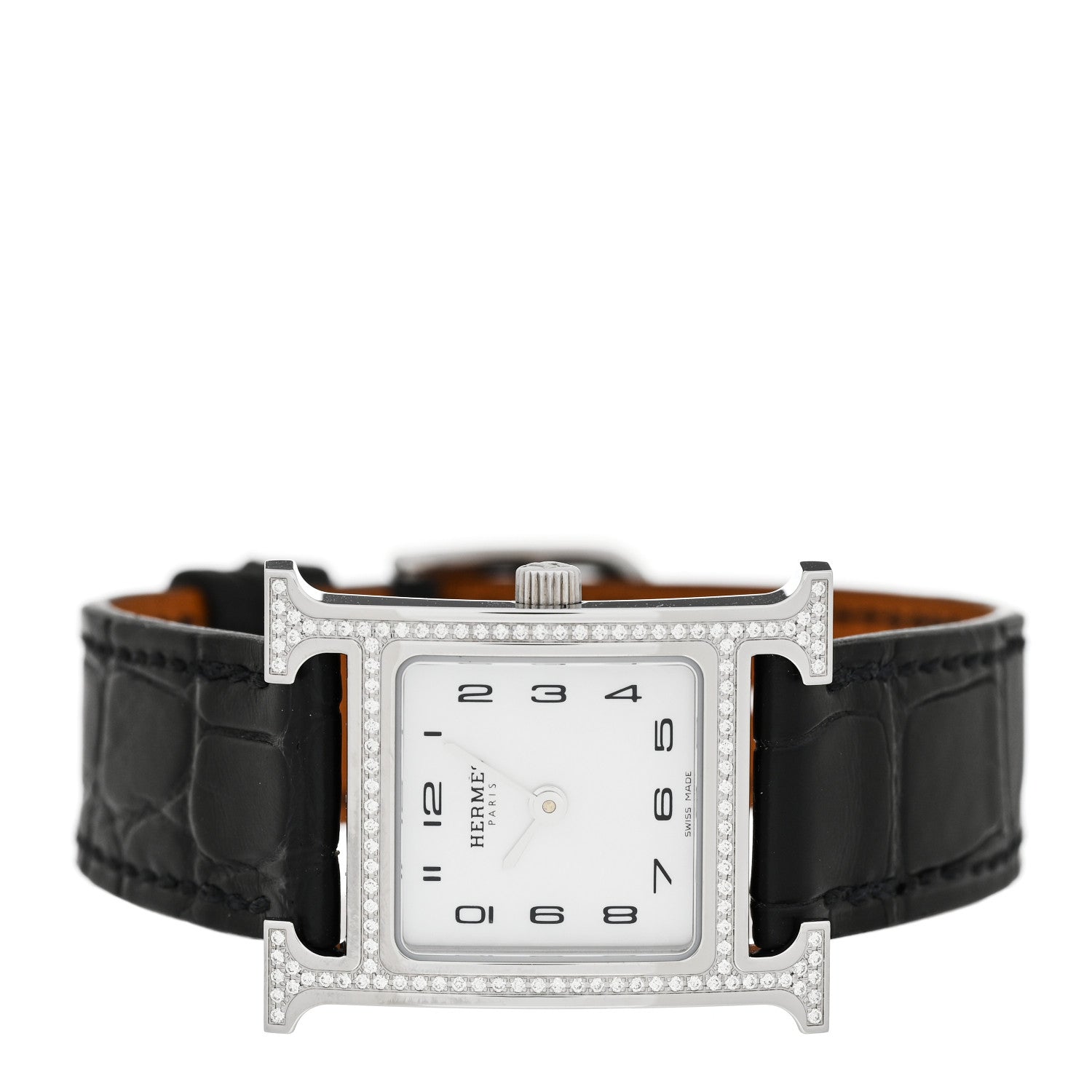 Hermes Stainless Steel Alligator Diamond Bezel Mother of Pearl 21mm Heure H Hour Quartz Watch Noir 2 of 5